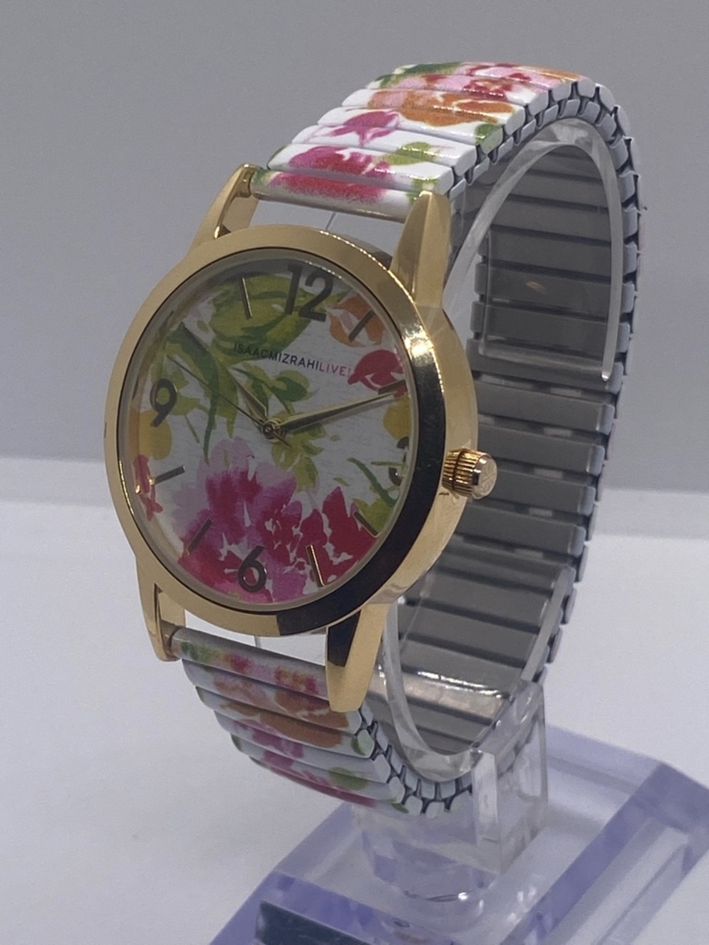 Isaac Mizrahi Gold Case Floral Watch with Pink & Green Accents